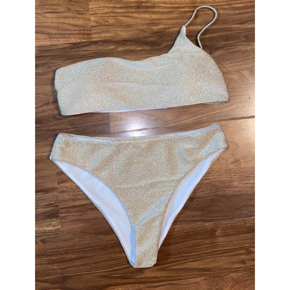 One Shoulder Sparkly Gold Bikini Size Medium